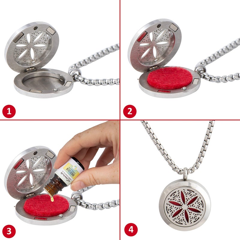 mEssentials Wild Essentials Flower of Life Essential Oil Diffuser Necklace, Stainless Steel Locket Pendant with 24 inch Chain, 12 Color Refill Pads, Customizable Color Changing Perfume Jewelry for Aromatherapy - Image 4